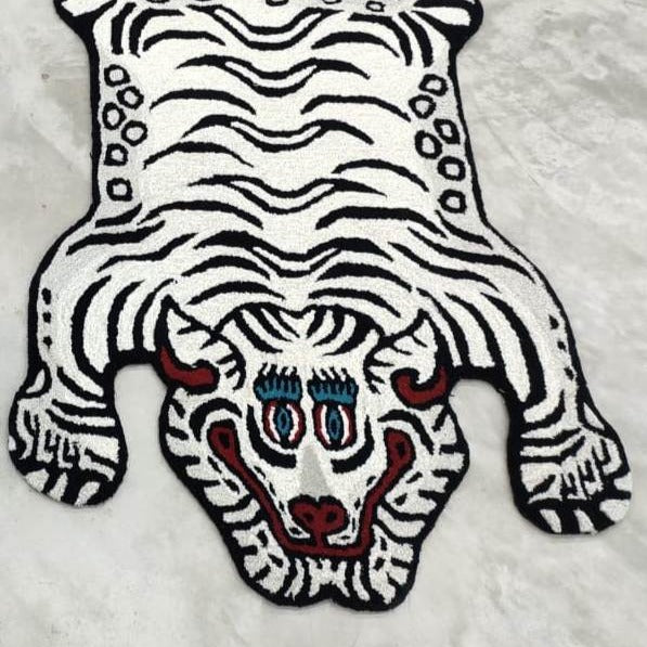 Tibetan Tiger Hand Tufted Woolen Rug - White Color