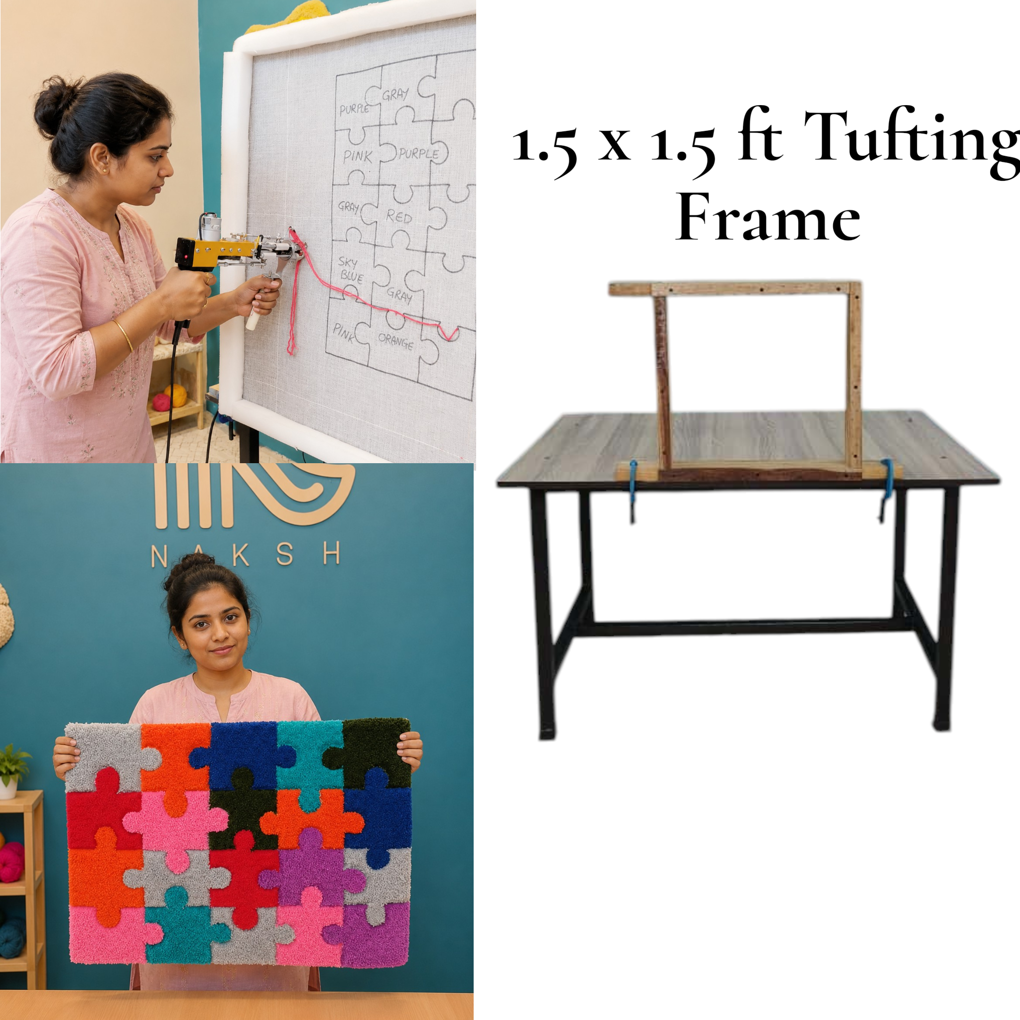 Professional 1.5ft x 1.5ft Tufting Frame | Compact Wooden Table-Mounted Rug & Carpet Tufting Frame By Naksh Carpets