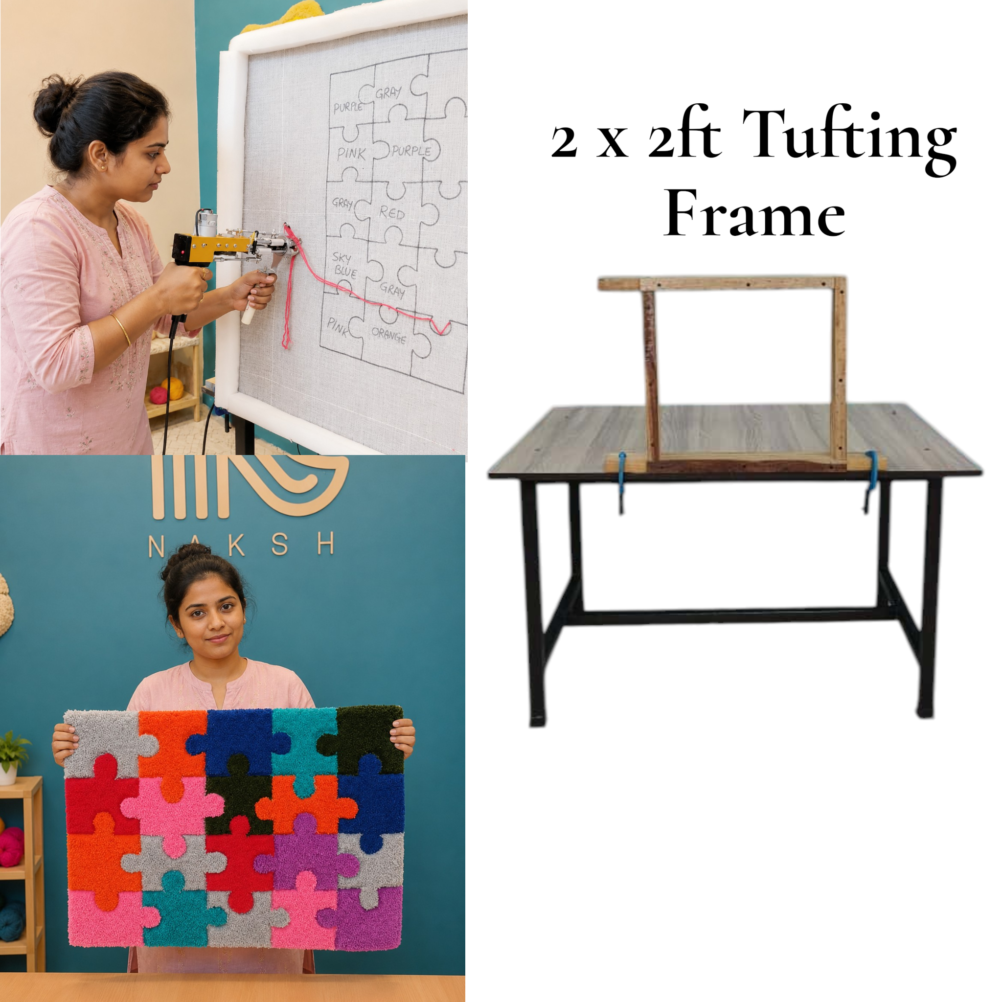 Professional 2ft x 2ft Tufting Frame | Compact Wooden Table-Mounted Rug & Carpet Tufting Frame By Naksh Carpets