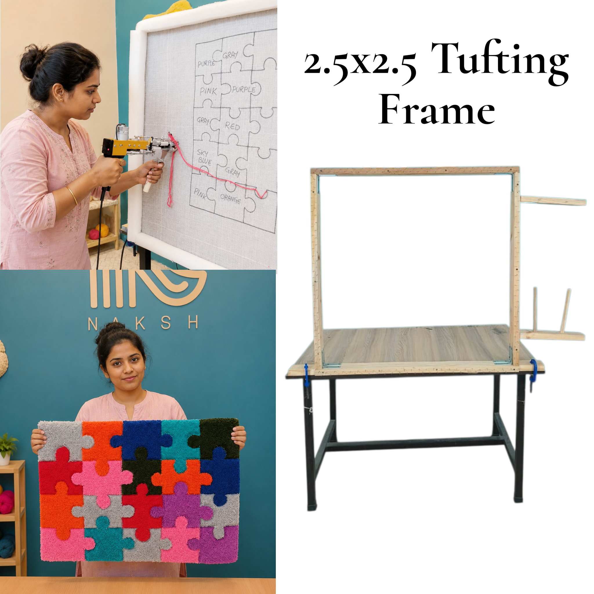 Professional 2.5ft x 2.5ft Tufting Frame | Compact Wooden Table-Mounted Rug & Carpet Tufting Frame By Naksh Carpets
